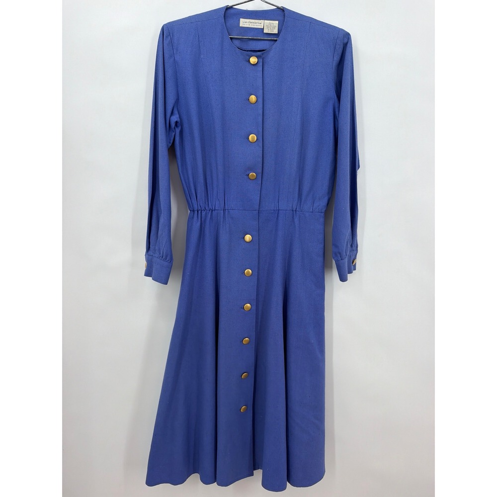 Liz Claiborne Vintage 100% Silk Blue Button Front Midi Dress Petite 4